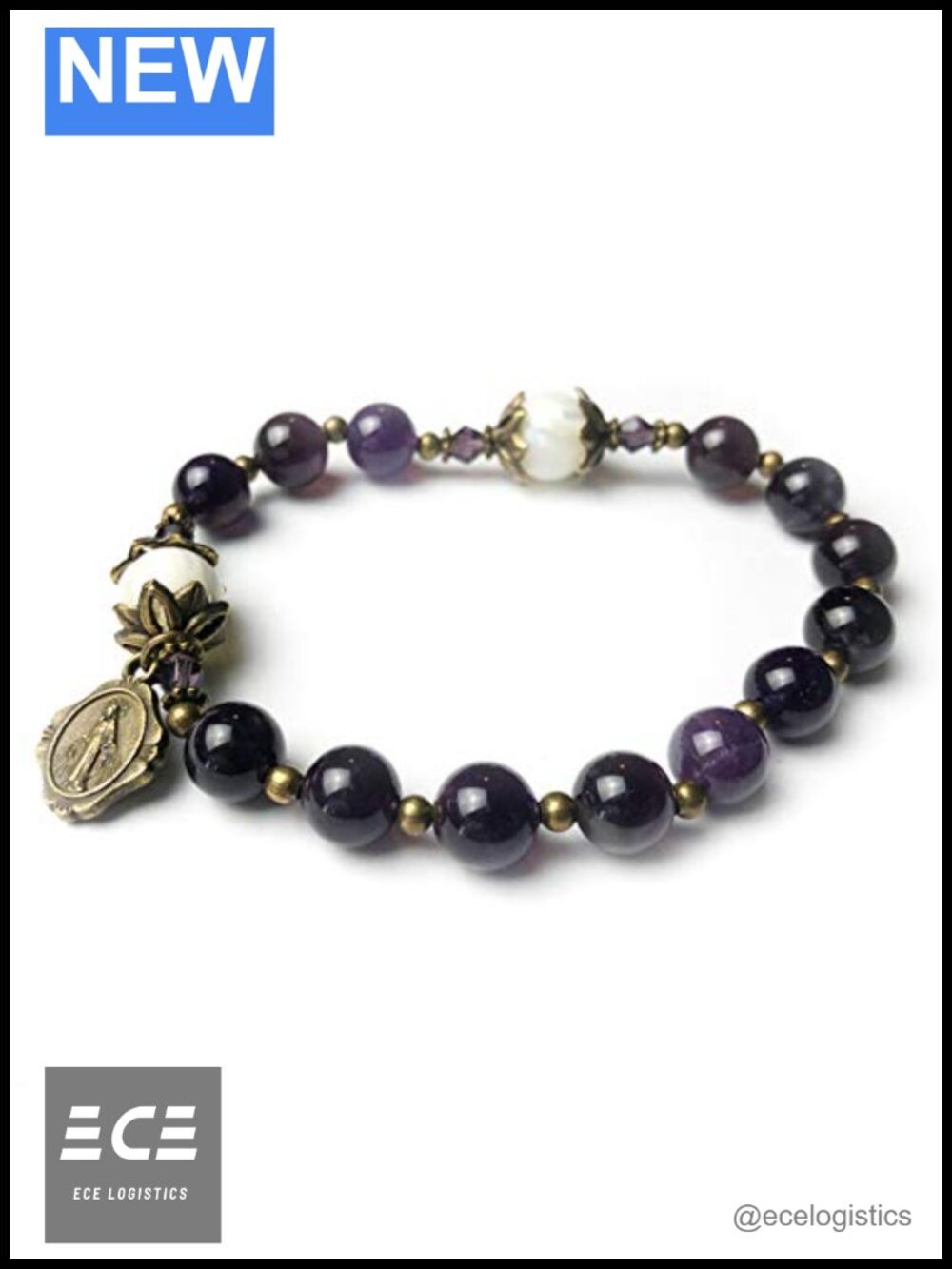 Amethyst Mother of Pearl Rosary Bracelet Virgin Mary Charm Adjustable